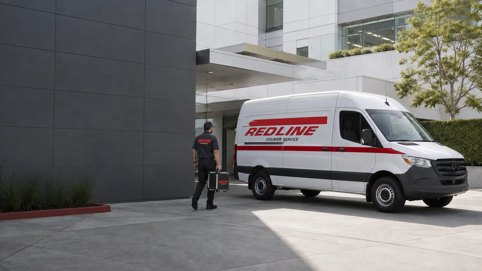 Branded Redline Courier Service van and courier carrying a delivery case, illustrative image
