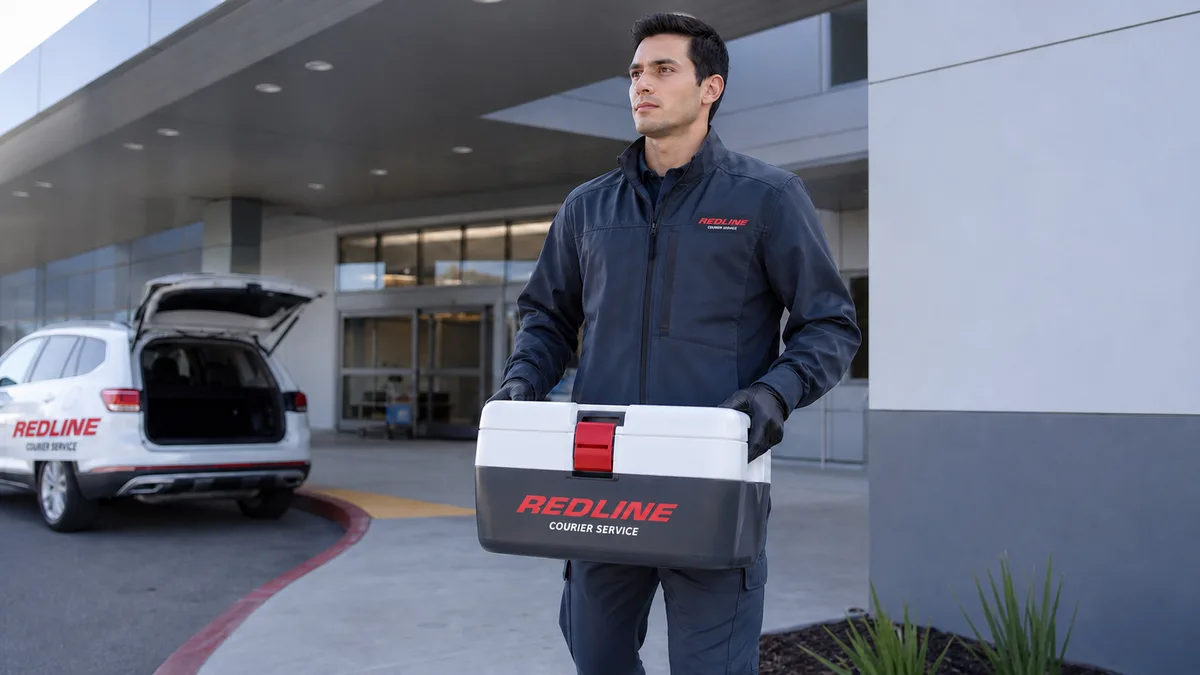 Courier carrying a cooler with Redline Courier Service branding outside a healthcare building, illustrative image
