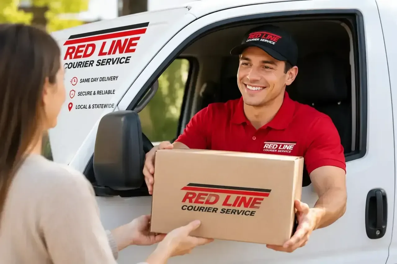 Redline courier driver making an Oakland courier service delivery