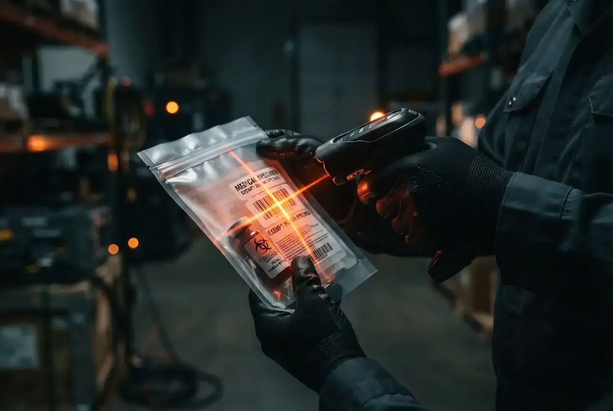 Redline Courier driver scanning a package to confirm declared value
