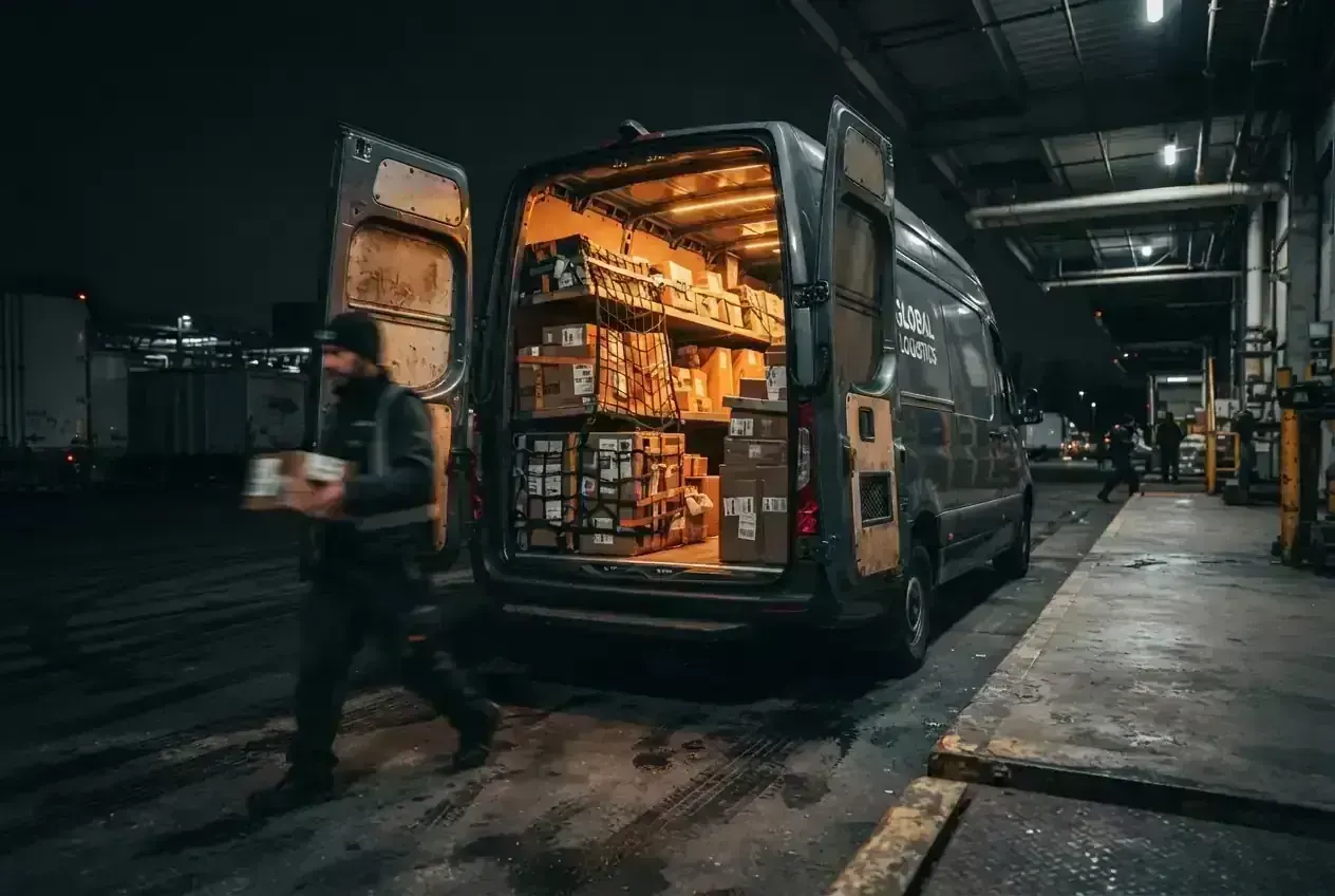 Redline Courier Service delivery van loaded for same-day routes in Eureka, California