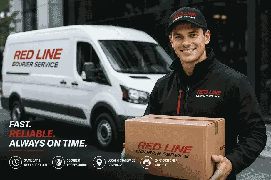 Redline Courier Service van and driver fulfilling a government contract delivery