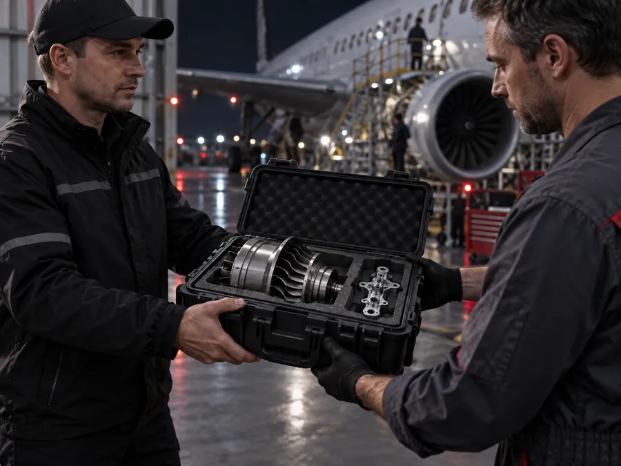 Urgent AOG aircraft parts courier delivery at an aviation maintenance hangar