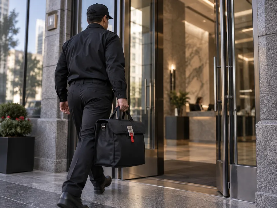Courier carrying a secure bank bag into a California bank
