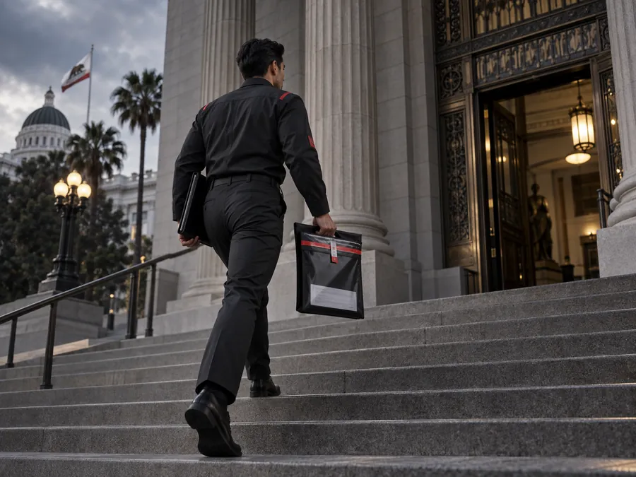 Legal courier carrying secure court filings into a California courthouse