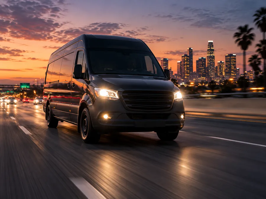 Emergency delivery van moving quickly on a California freeway at dusk