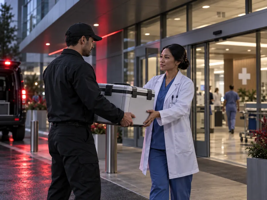 Hospital courier handing a temperature-controlled medical case to clinical staff