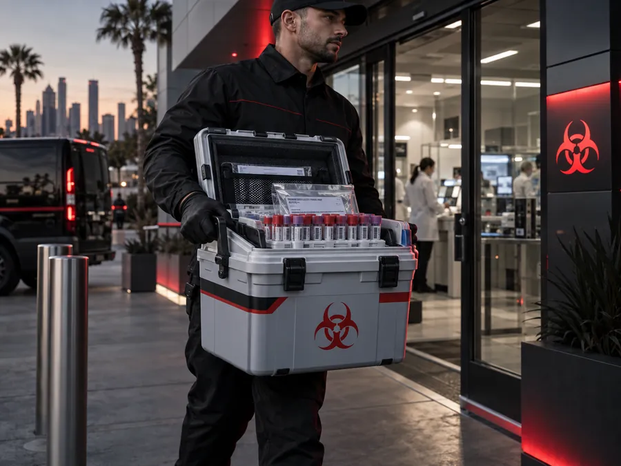 Courier transporting secured laboratory test samples in a biohazard cooler