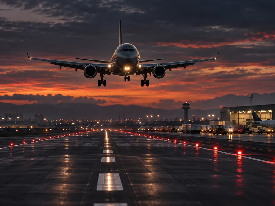 Commercial airplane approaching an airport runway for next flight out courier service