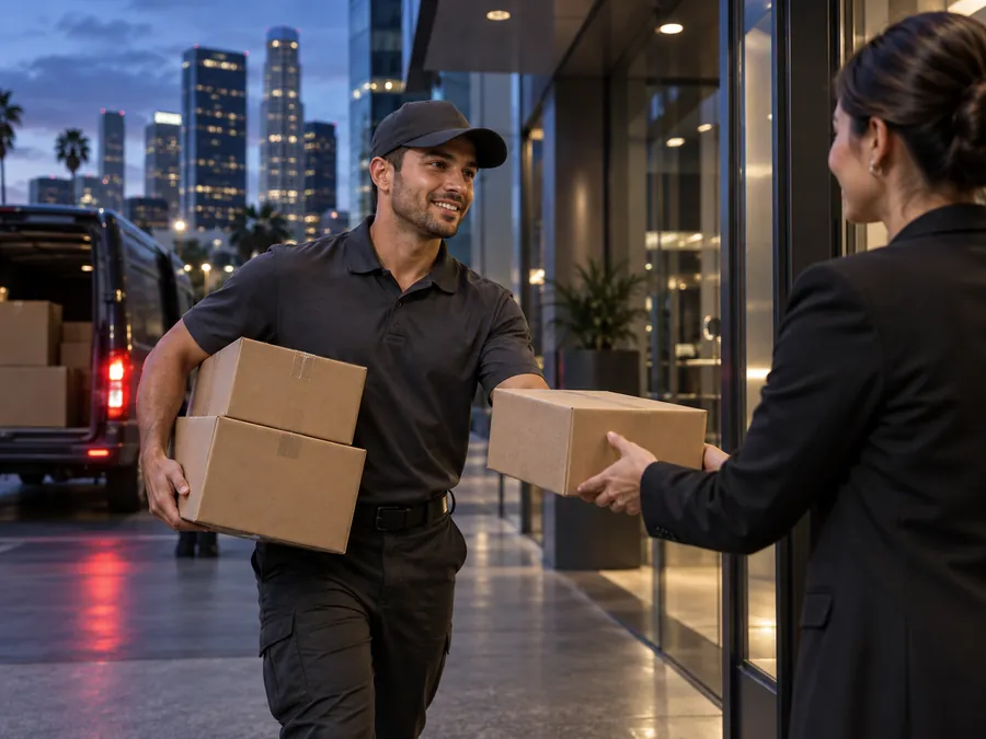 Professional same day courier delivering packages to a California business