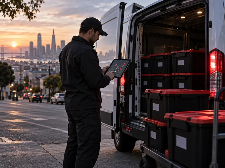 Courier reviewing a scheduled multi-stop delivery route beside a loaded cargo van
