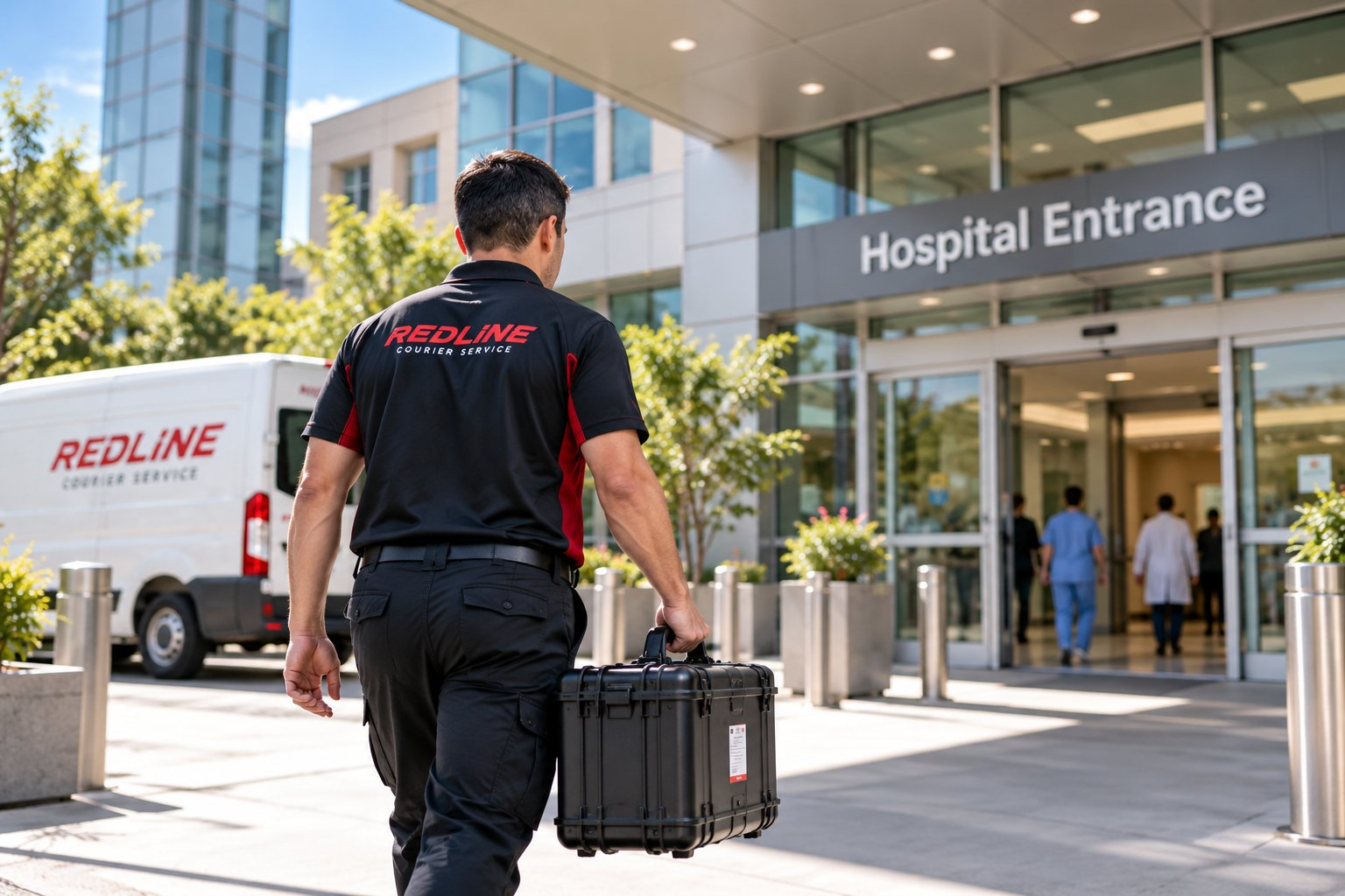 Redline Courier Service courier approaching a hospital for a medical delivery