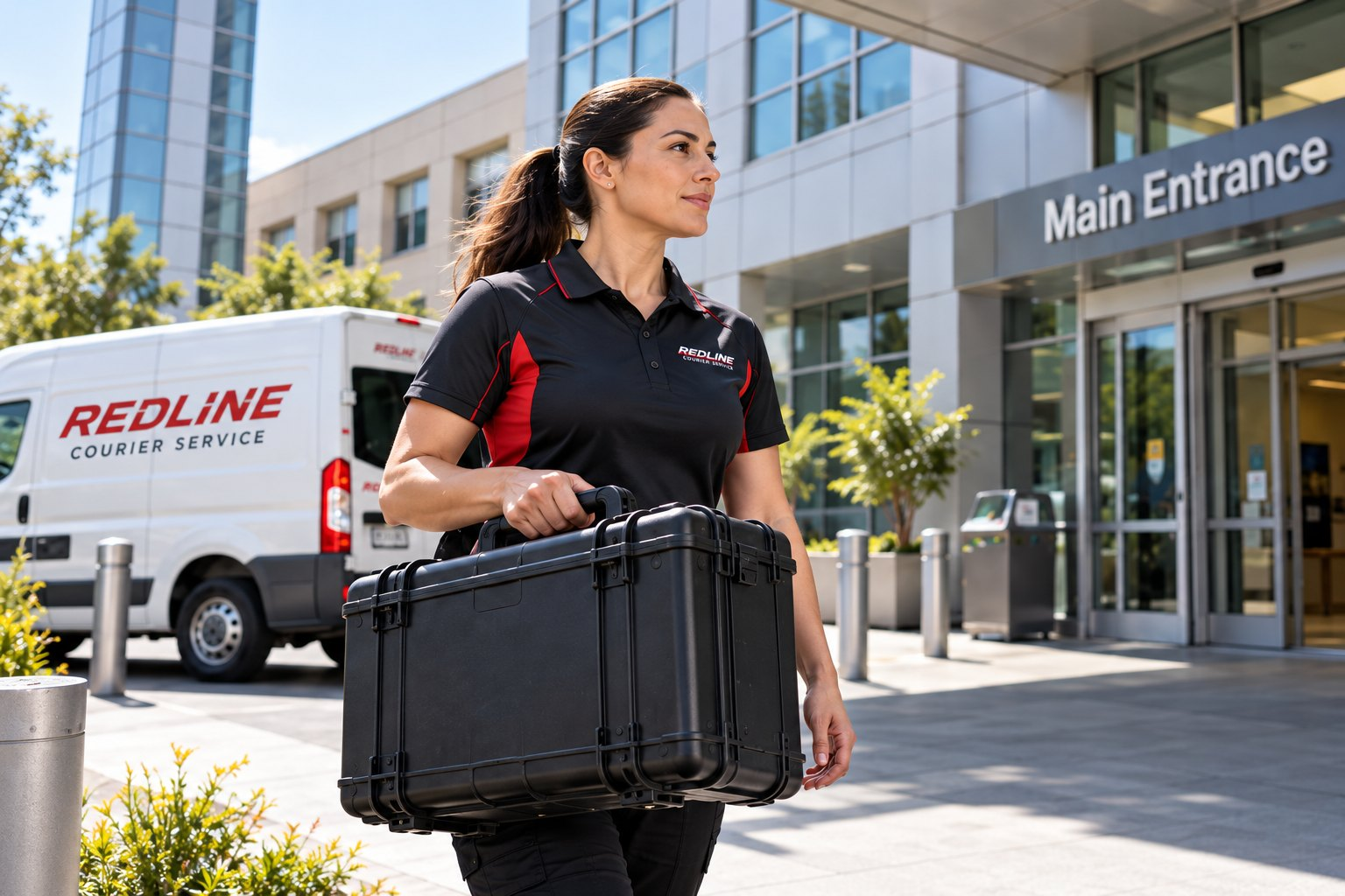 Redline Courier Service medical courier carrying a secure transport case outside a hospital