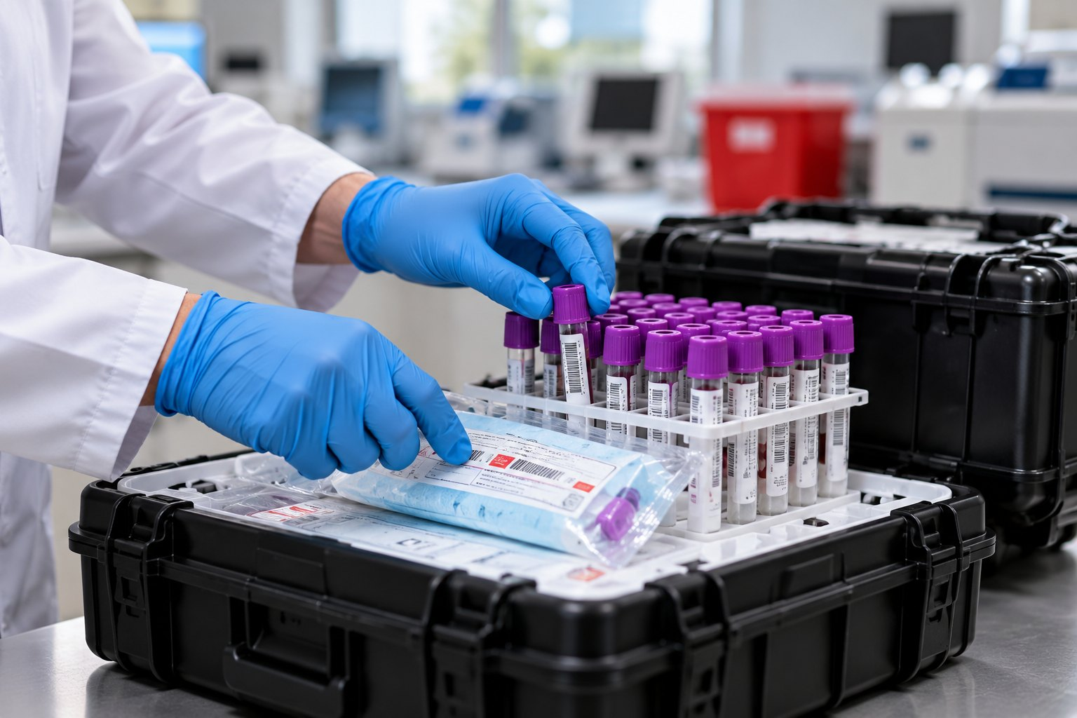 Illustration of laboratory staff preparing specimen tubes for transport